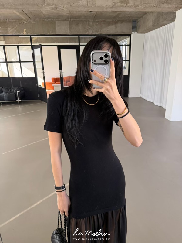 棉質拼紗圓領長洋裝